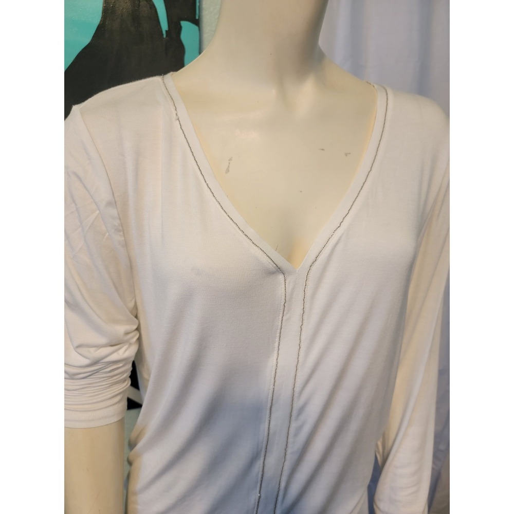 White House Black Market Long Sleeve Silver Bead Trim Blouse Long‎ Length Large - Picture 5 of 11